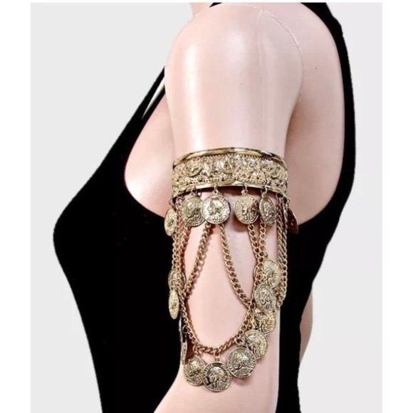 Armlet coin arm cuff bracelet gold armband coin arm cuff boho fringe gold upper - Picture 1 of 1